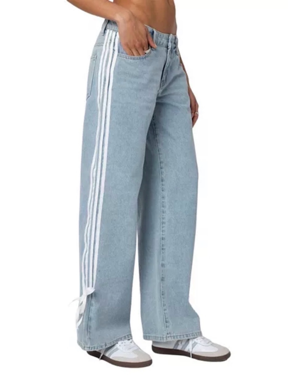 Edikted Washed Low Rise Ribbon Jeans in Light Blue - Picture 1 of 4